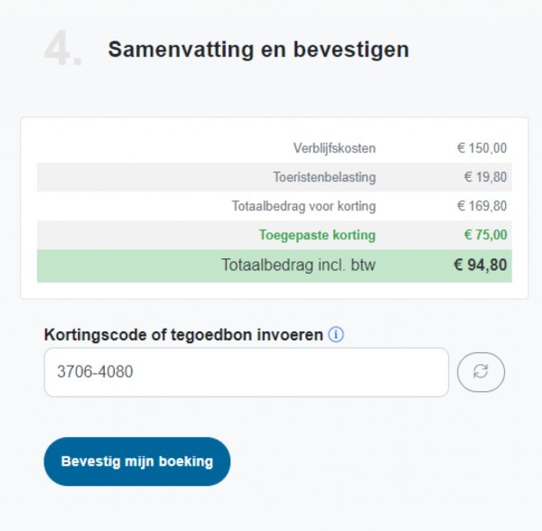 Booking engine met kortingscode